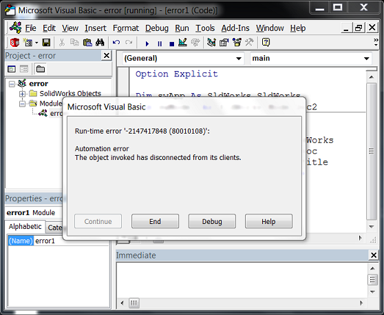 Automation error in SolidWorks API